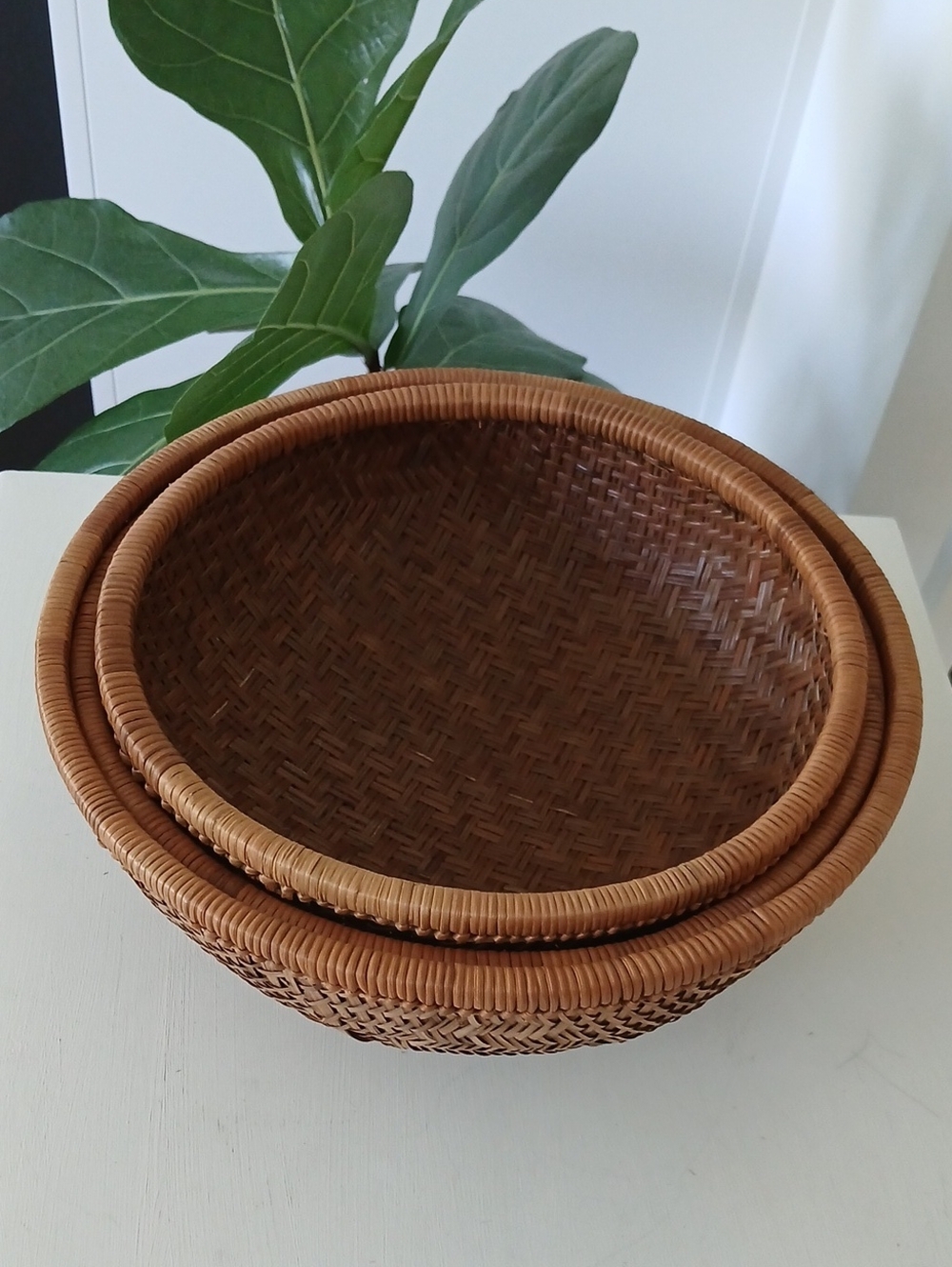 Vintage Asian Bamboo Winnowing Baskets Set Of 3 Nesting 10.5", 11.25", 12"